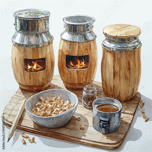 Wooden Pencil Sharpener With Shavings, vector watercolor illustration, isolated on a white background.