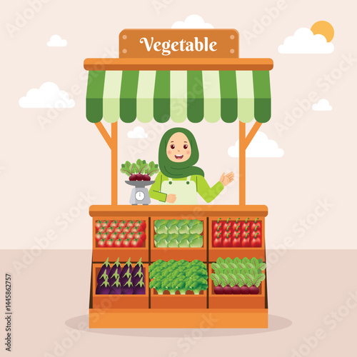 Market stall with salesman trading vegetables