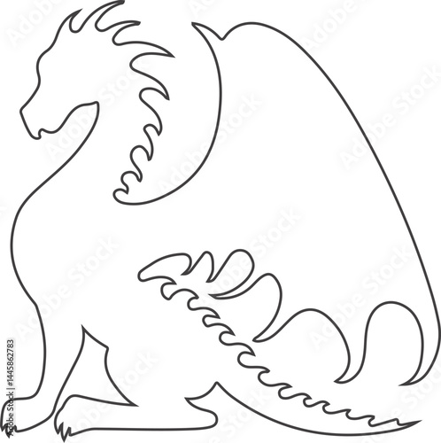 Outline silhouette of a sitting dragon with wings and spiked tail in black line art style on white background

