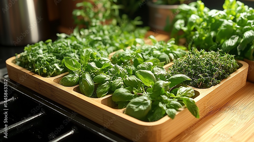 Freshly harvested herbs arranged in a wooden tray on a kitchen counter with vibrant greenery Freshly harvested herbs arranged in a wooden tray on a kitchen counter with vibrant greenery
