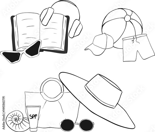 Beach essentials composition set. Vector graphic line ink isolated. book, earphones, sunglasses, beach bag, shorts, cap, ball. Banner, poster, wrapping paper, sticker, print, modern textile design.