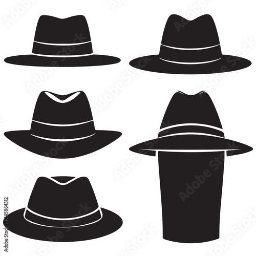 black  vector set various fedora hat also outline silhouettes	