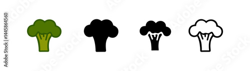 Broccoli representation, four different drawing styles, including filled color, outline, and silhouette forms. on a transparent background