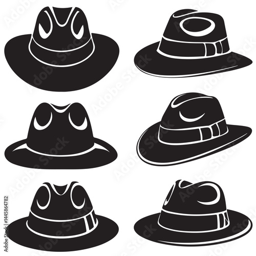 black  vector set various fedora hat also outline silhouettes	