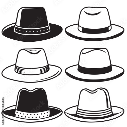 black  vector set various fedora hat also outline silhouettes	