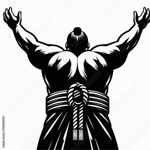 Sumo wrestler, triumphant mood, raising arms in victory, black and white graphic style
