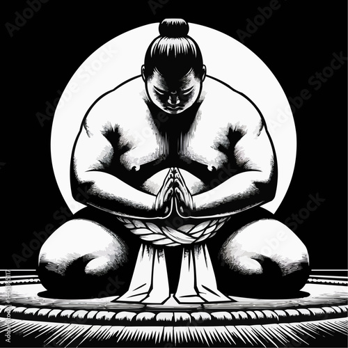 Sumo wrestler, meditative mood, kneeling in prayer, monochrome illustration style