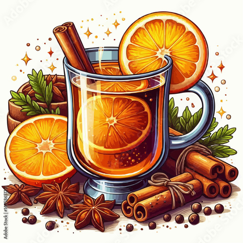 Spiced orange drink, warm mood, served with cinnamon, vibrant illustration style
