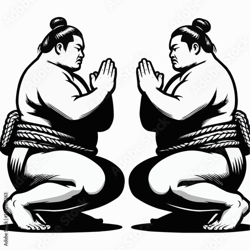Sumo wrestlers, serious mood, facing each other, black and white graphic style