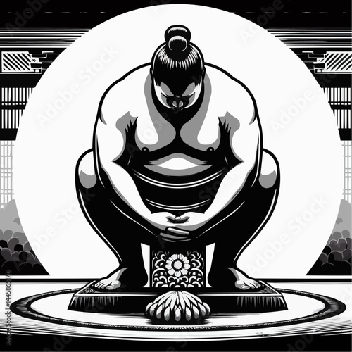 Sumo wrestler, focused mood, preparing for a match, black and white graphic style