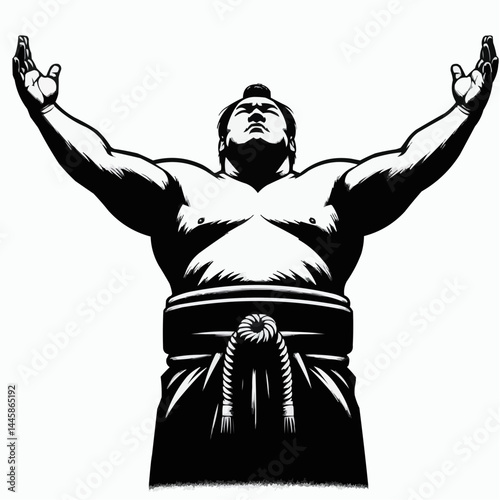 Sumo wrestler, triumphant mood, celebrating victory, black and white graphic style