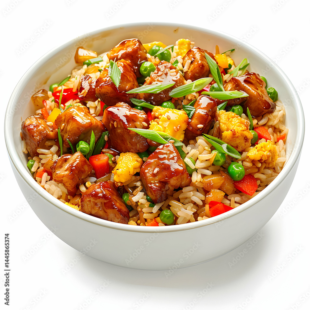 Savory Chicken and Vegetable Stir-Fry with Rice in Bowl Savory Chicken and Vegetable Stir-Fry with Rice in Bowl