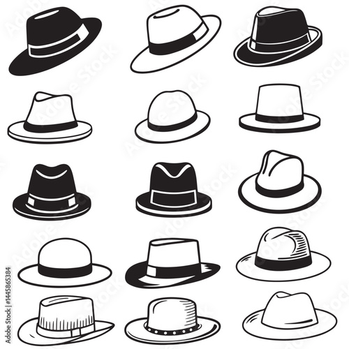 black  vector set various fedora hat also outline silhouettes	