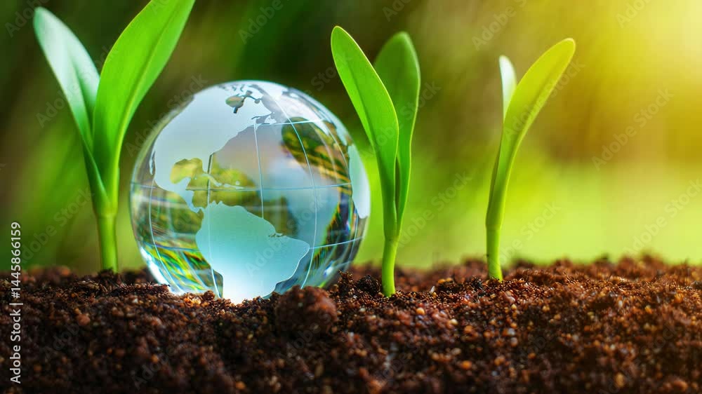 Glass globe placed in soil between green seedlings under sunlight, representing environmental protection and sustainable growth for ecology, conservation, and nature education content Glass globe placed in soil between green seedlings under sunlight, representing environmental protection and sustainable growth for ecology, conservation, and nature education content