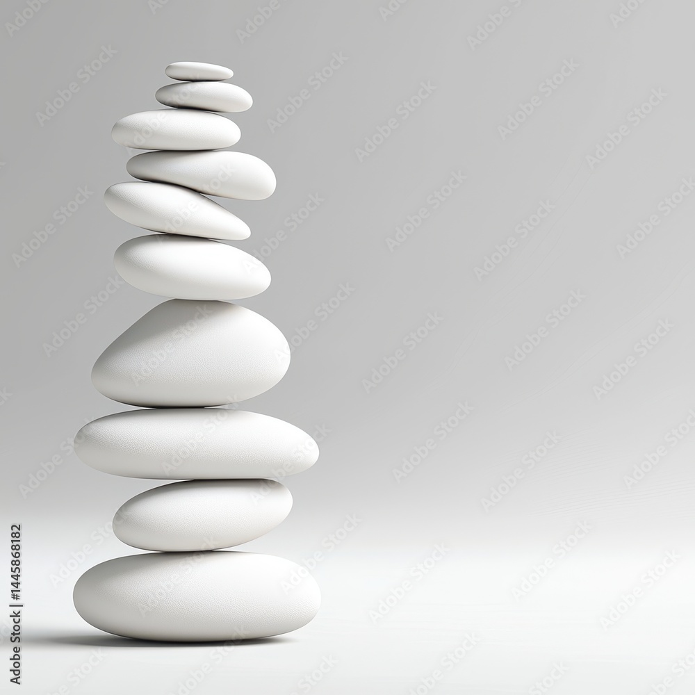 A digitally rendered image showcases a meticulously balanced stack of smooth, white stones against a minimalist gray background, symbolizing serenity and equilibrium. A digitally rendered image showcases a meticulously balanced stack of smooth, white stones against a minimalist gray background, symbolizing serenity and equilibrium.