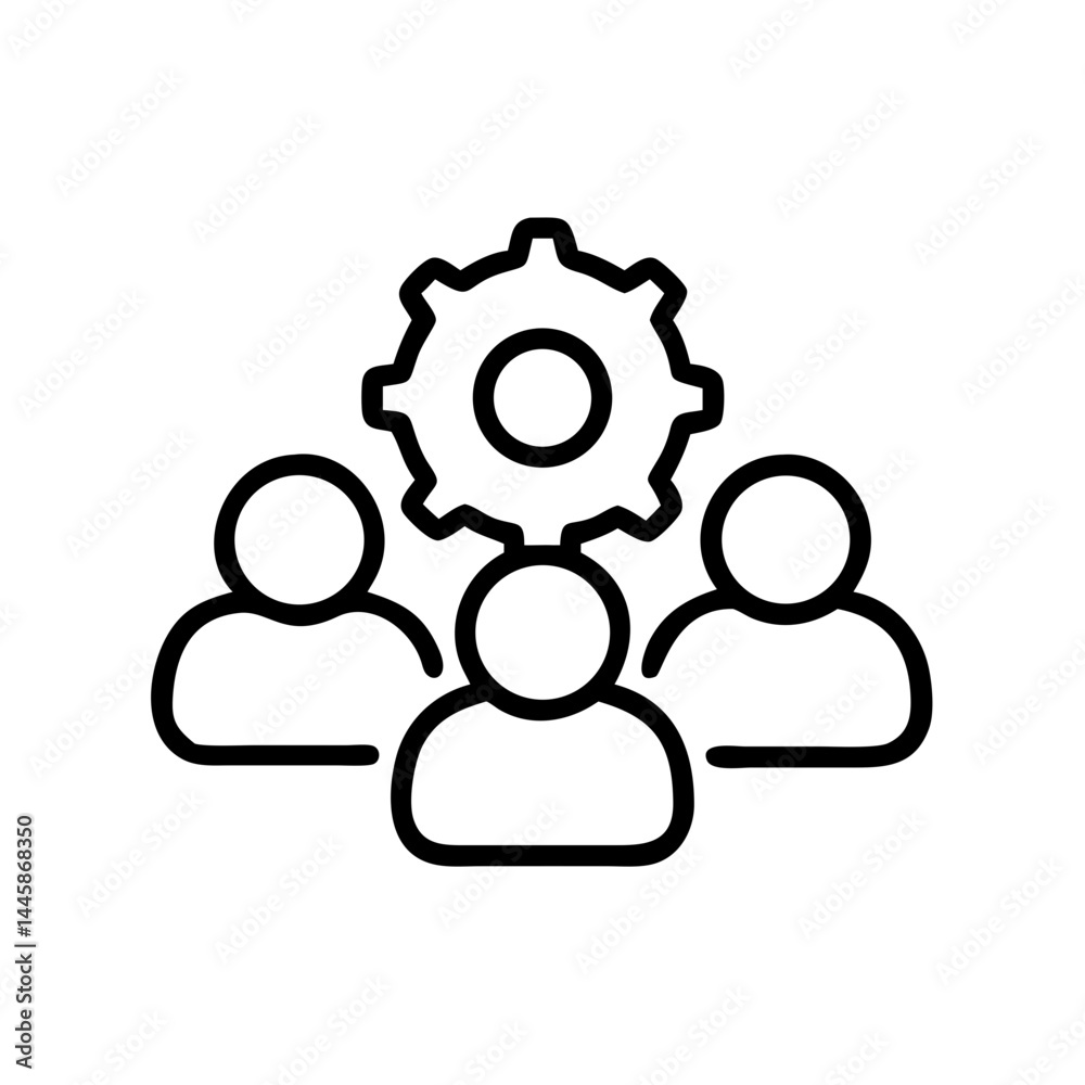 Group settings icon symbol with three users and gear on white background with copy space Group settings icon symbol with three users and gear on white background with copy space