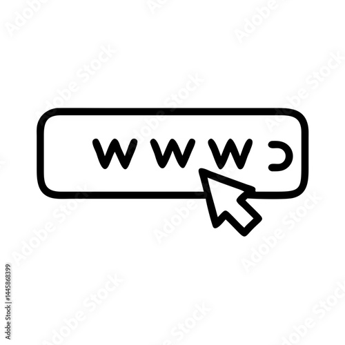 URL icon symbol with a text box displaying "www" and a pointer arrow on white background with copy space