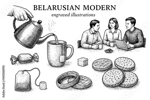 Engraved illustrations showcase the warmth of a Belarusian tea gathering with friends enjoying sweets and conversations
