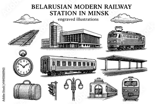 Belarusian modern railway station in Minsk showcases intricate engravings of trains and travel elements