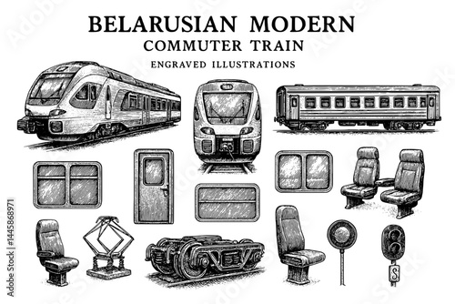 Engraved illustrations showcasing the unique design and features of Belarusian modern commuter trains and their components