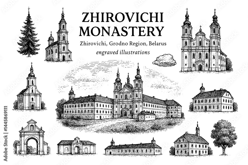 Fototapeta premium Engraved illustrations of Zhirovichi Monastery showcasing its architecture and historical significance in Belarus