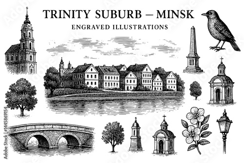 Engraved illustrations showcase the historical beauty of Trinity Suburb in Minsk with unique landmarks and nature elements