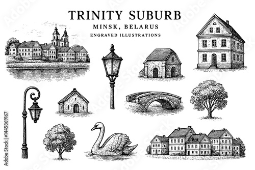 Explore the historic charm of Trinity Suburb in Minsk, Belarus through intricate engravings showcasing its architectural beauty
