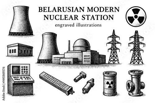 Engraved illustrations capture the essence of a modern nuclear station in Belarus showcasing engineering and technology