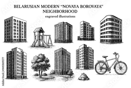 Exploration of the architectural elegance in Belarusian modern Novaya Borovaya neighborhood through engraved illustrations