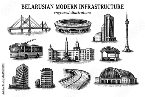 Exploring the intricate beauty of Belarusian modern infrastructure through unique engraved illustrations showcasing urban life and architecture