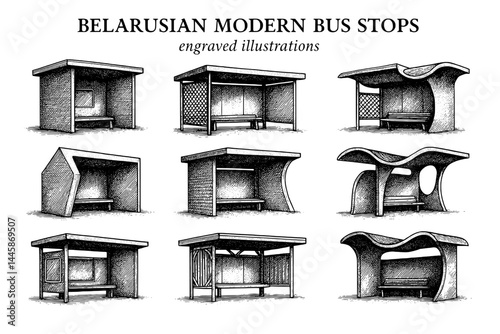 Unique designs of Belarusian bus stops highlighted in engraved illustrations showcasing modern architecture and creativity