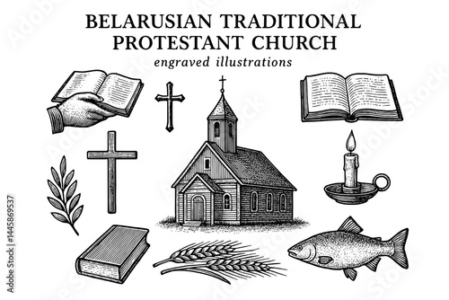 Engraved illustrations celebrating Belarusian traditional Protestant church and its cultural symbols in a vintage style