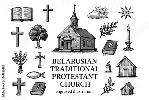 Exploring engraved illustrations of Belarusian traditional Protestant church with symbols of faith and community