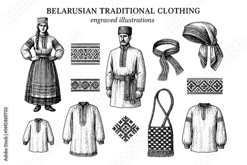 Belarusian traditional clothing showcases intricate designs and cultural heritage through engraved illustrations of historical attire