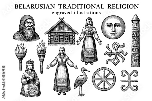 Exploring the rich symbols and figures of Belarusian traditional religion through detailed engravings of folklore and heritage
