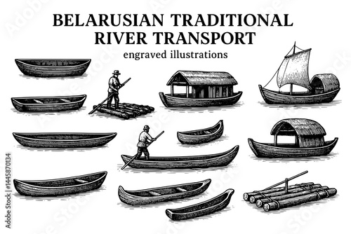 Engraved illustrations of traditional Belarusian river transport showcasing various boats and methods from the past