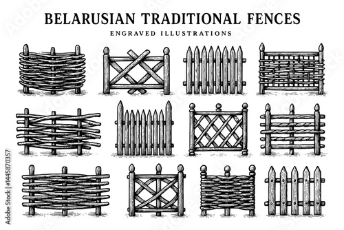 Intricate designs of traditional Belarusian fences showcasing craftsmanship and cultural heritage through engraved illustrations