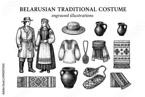 Belarusian traditional costume showcased through intricate engravings featuring garments and accessories