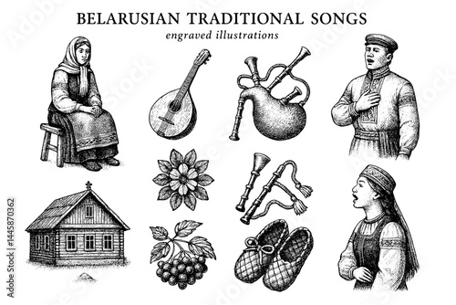 Engraved illustrations depicting the rich heritage of Belarusian traditional songs and cultural elements from the past