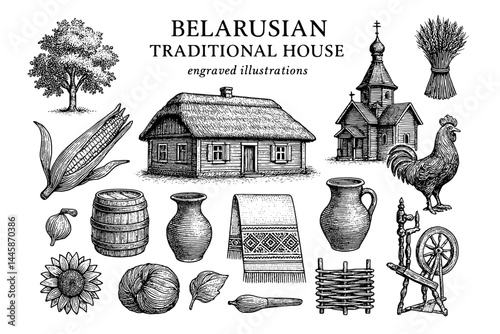 Engraved illustrations of a traditional Belarusian house and cultural elements showcasing rural heritage and craftsmanship