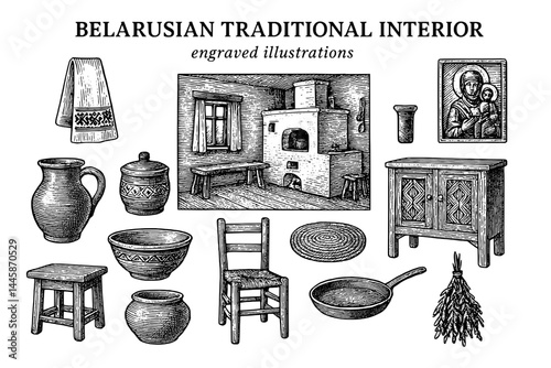 Belarusian traditional interior showcasing engravings of cultural artifacts, reflecting historical craftsmanship and rustic charm