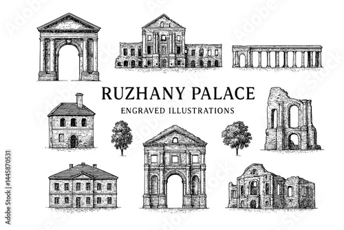 Ruzhany Palace showcases intricate engraved illustrations of historical architecture and grandeur from different angles and perspectives