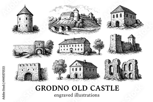 Illustrations showcasing the historical architecture of Grodno Old Castle in enchanting engraved detail