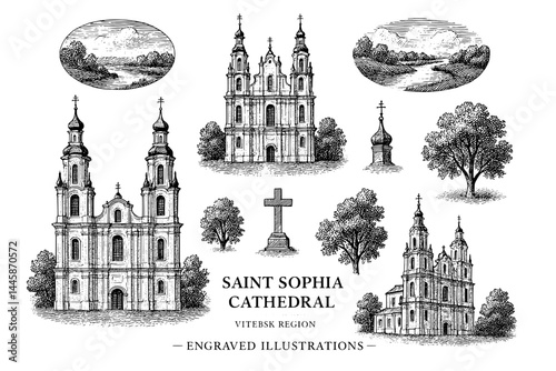 Exploring the enchanting beauty of Saint Sophia Cathedral in Vitebsk region through exquisite engravings showcasing history and artistry