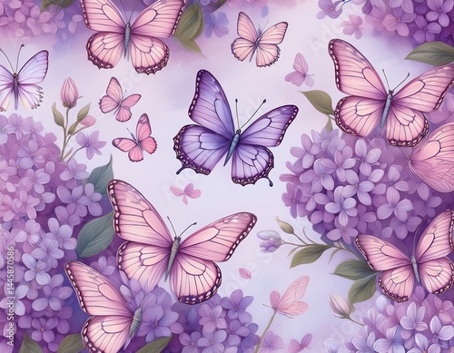elegant seamless lilac flowers and butterflies pattern in pastel color