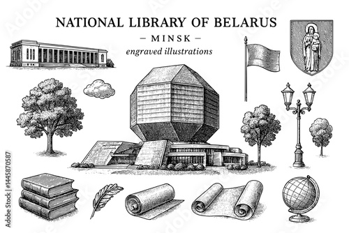 Intricate engravings of National Library of Belarus showcasing its unique architecture and cultural elements in Minsk