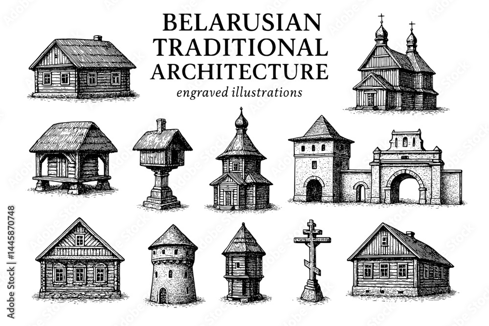 Fototapeta premium Exploring the timeless beauty of Belarusian traditional architecture through intricate engravings showcasing unique structures