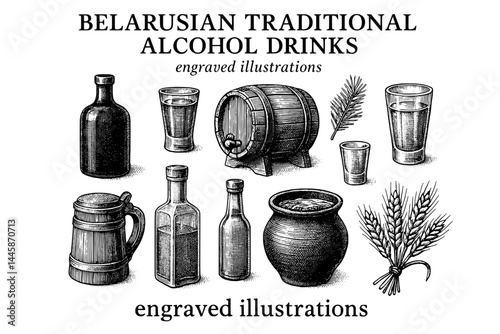 Engraved illustrations showcasing Belarusian traditional alcoholic drinks with unique designs and historical significance