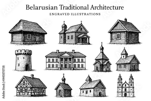 Exploring the intricate beauty of Belarusian traditional architecture through captivating engraved illustrations of historic structures