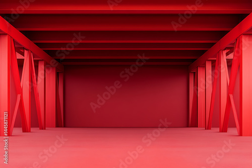 Monochromatic red space with structural beams and supports creating a bold architectural statement. Minimalist design for a dramatic effect.